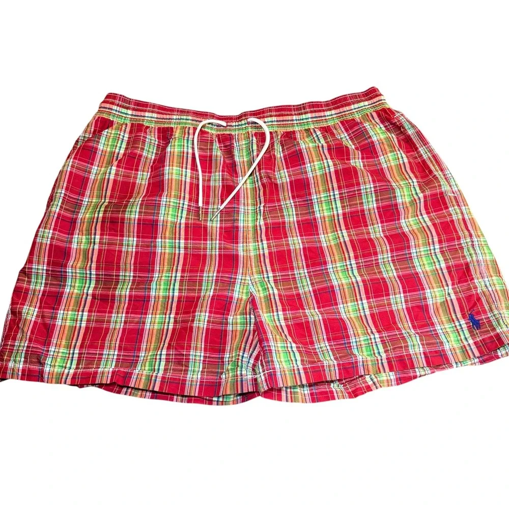 Polo Ralph Lauren Mens XXL Plaid Swim Trunks Red Green Blue Board Shorts Lined